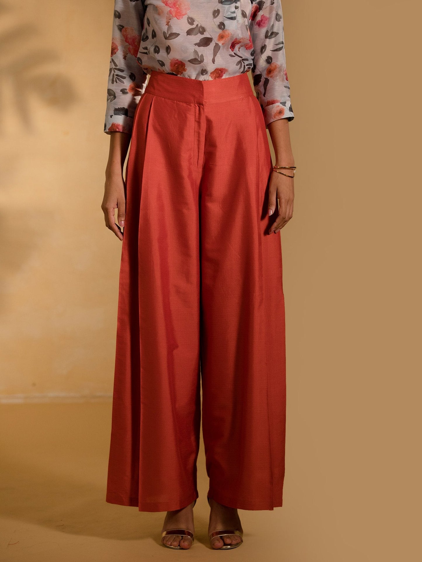 Cotton Silk Pleated Flared Pants - Rust