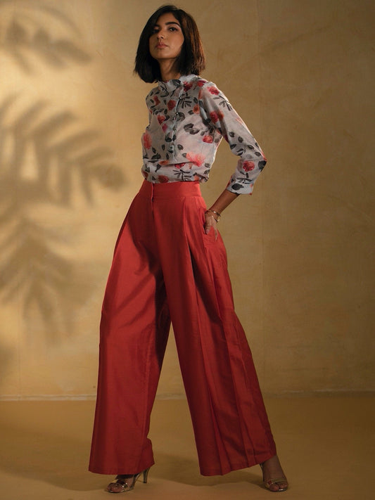 Cotton Silk Pleated Flared Pants - Rust