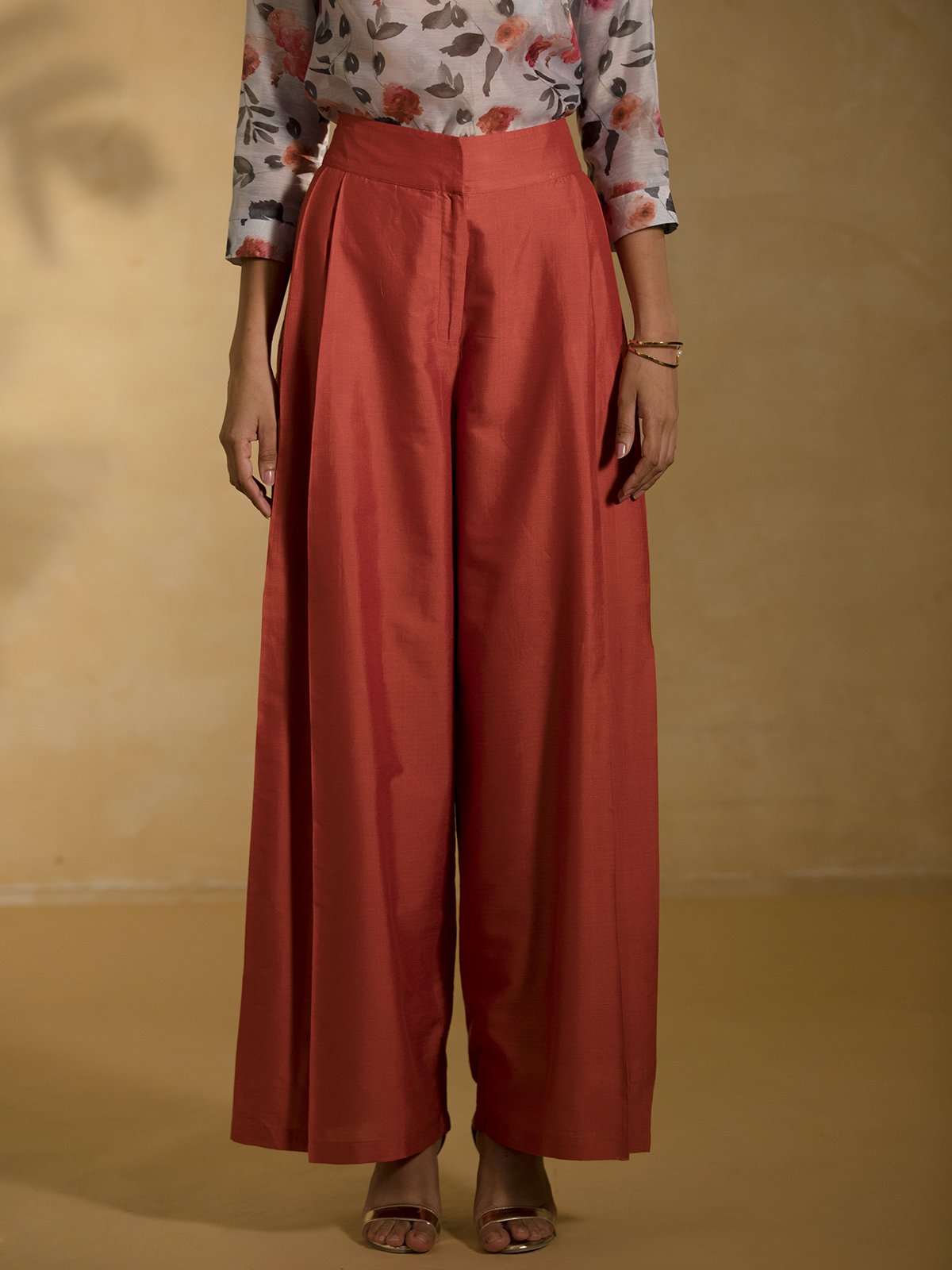 Cotton Silk Pleated Flared Pants - Rust