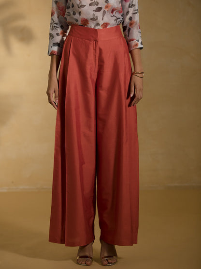 Cotton Silk Pleated Flared Pants - Rust