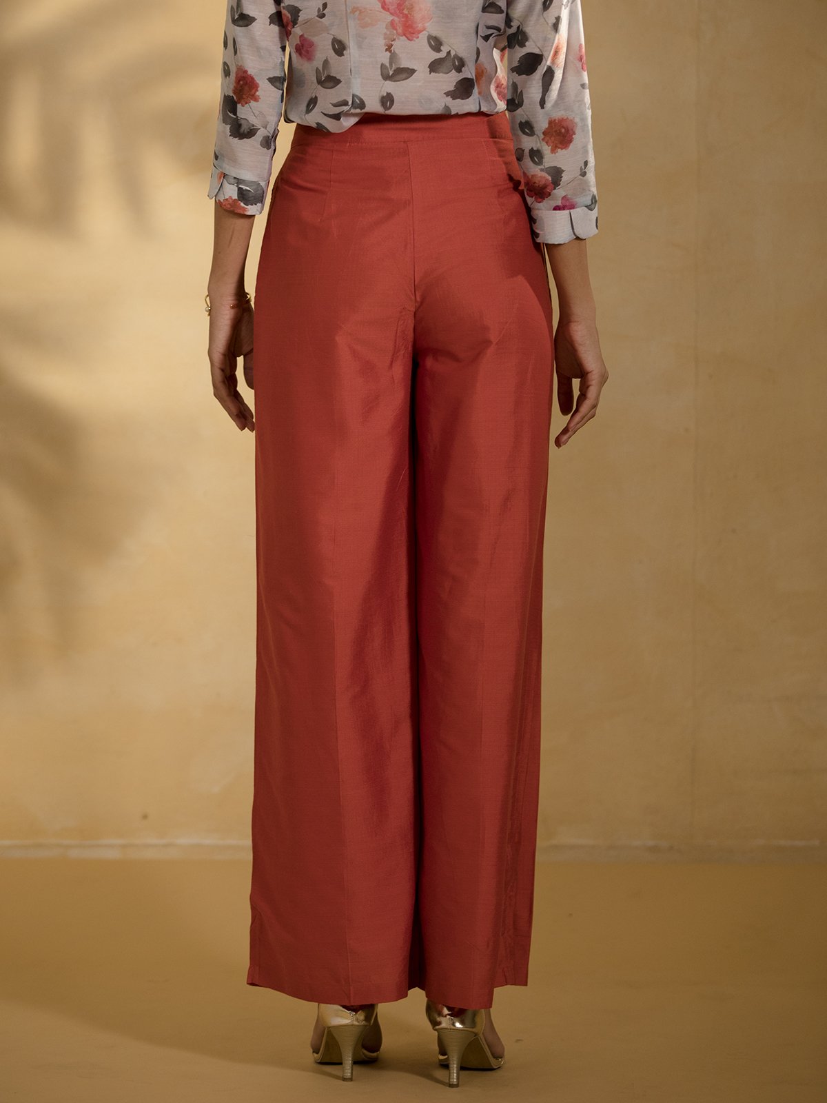 Cotton Silk Pleated Flared Pants - Rust