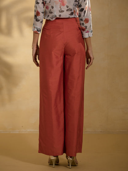 Cotton Silk Pleated Flared Pants - Rust