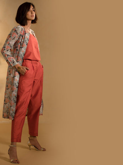 Cotton Silk Pleated Pants - Rust