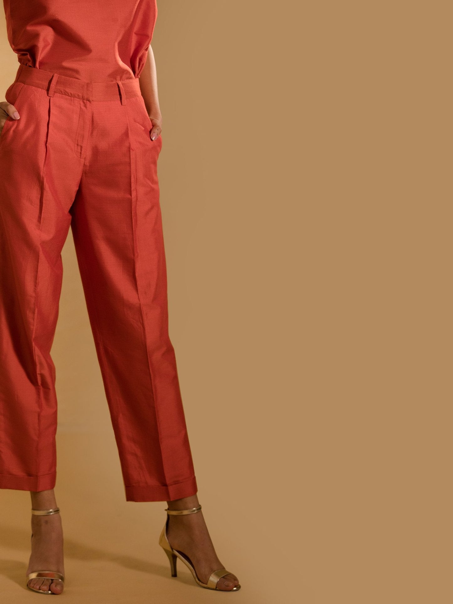 Cotton Silk Pleated Pants - Rust
