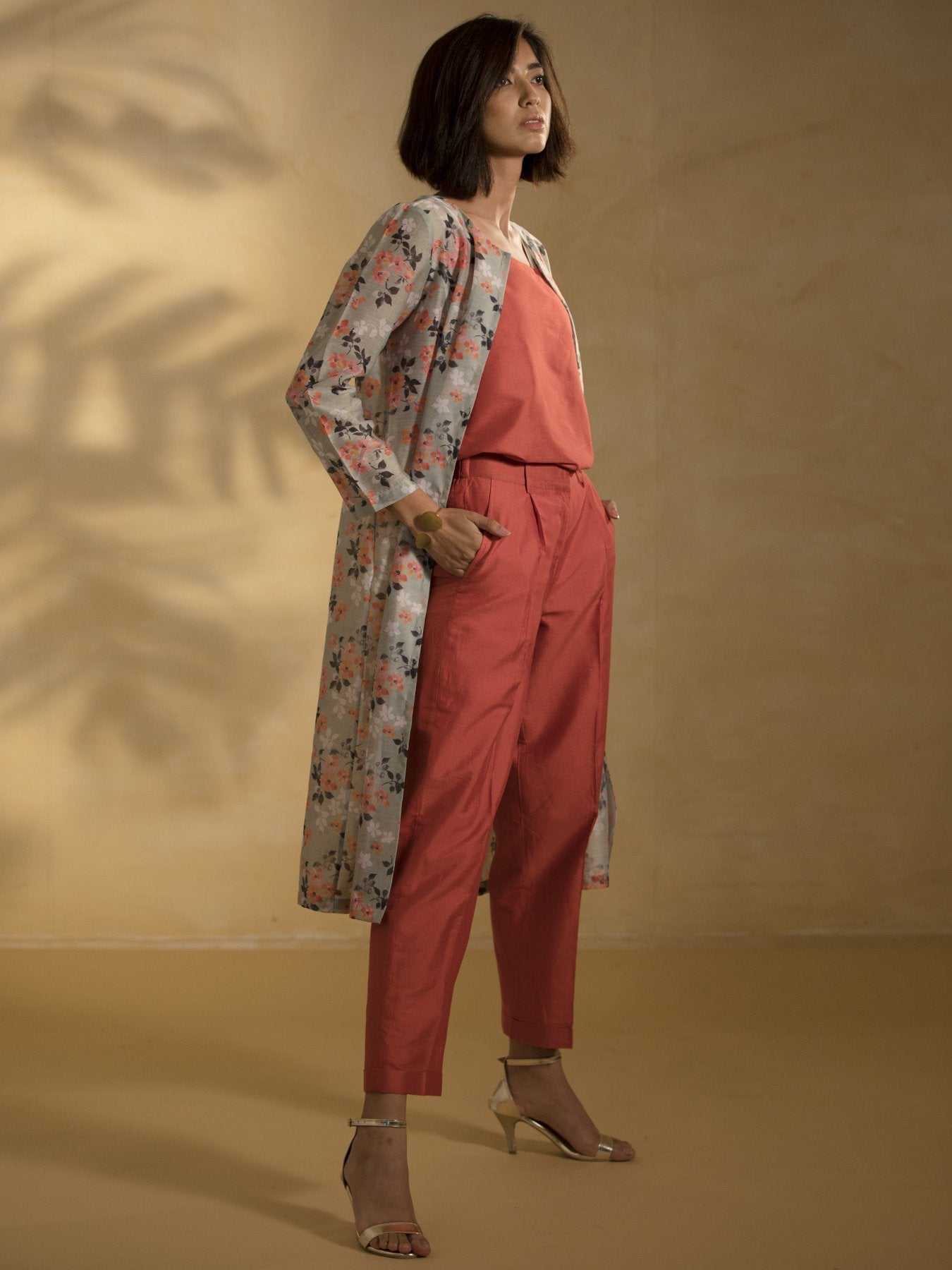 Cotton Silk Pleated Pants - Rust