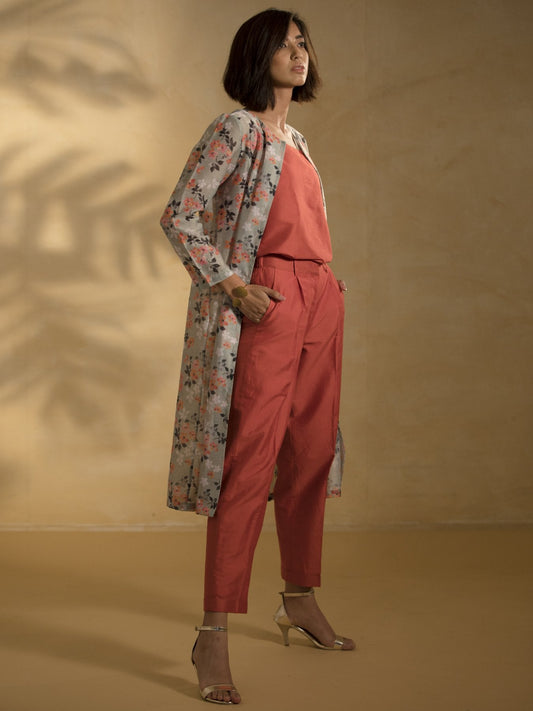 Cotton Silk Pleated Pants - Rust