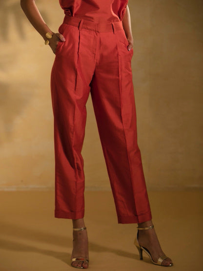 Cotton Silk Pleated Pants - Rust