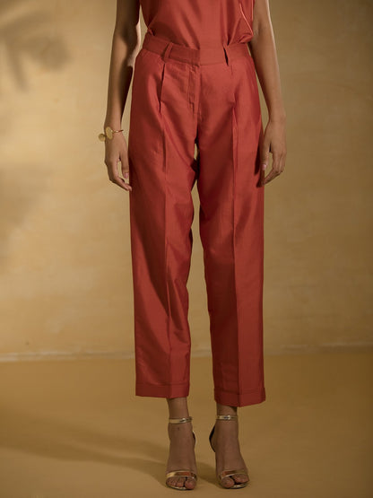 Cotton Silk Pleated Pants - Rust