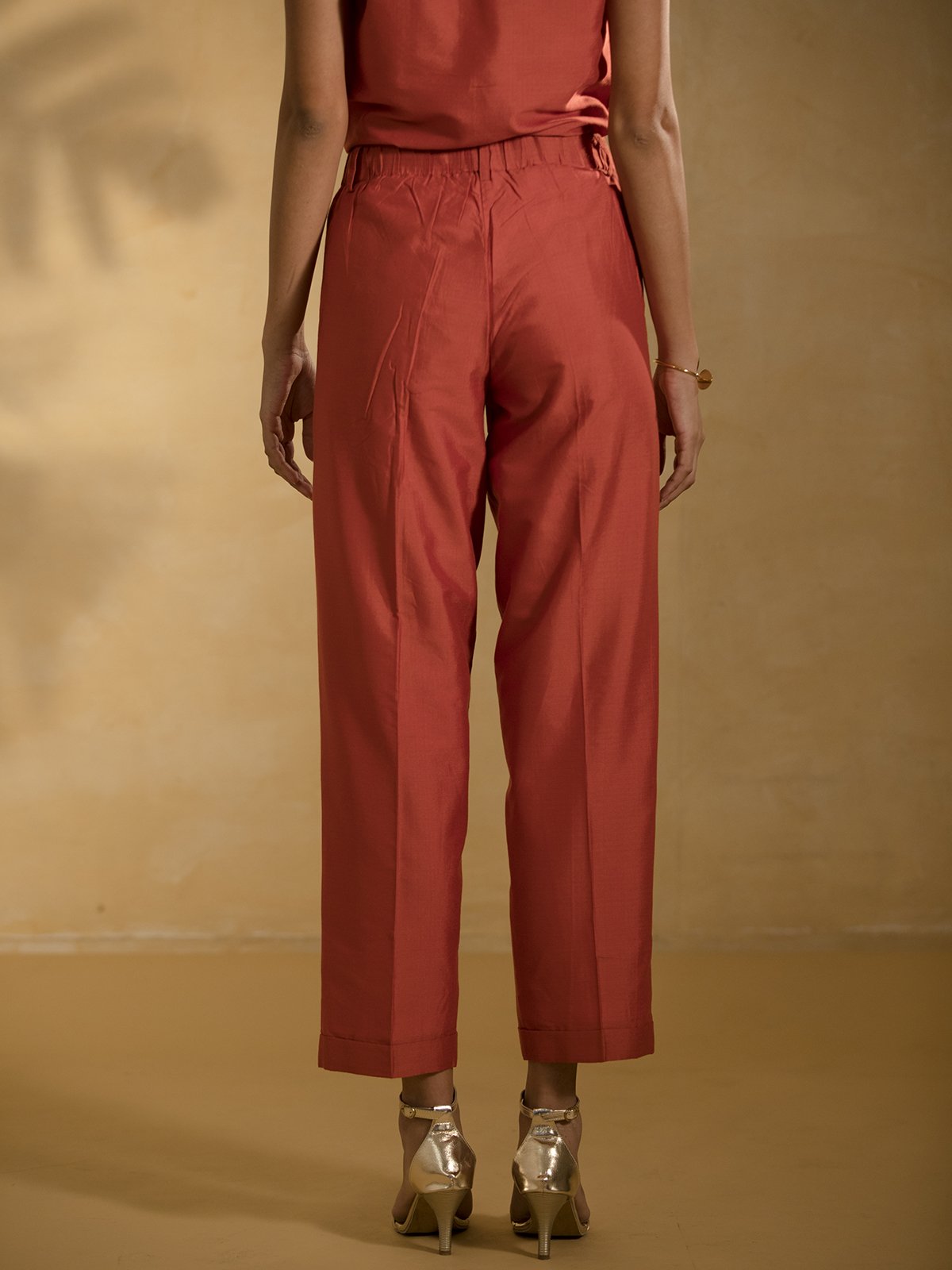 Cotton Silk Pleated Pants - Rust