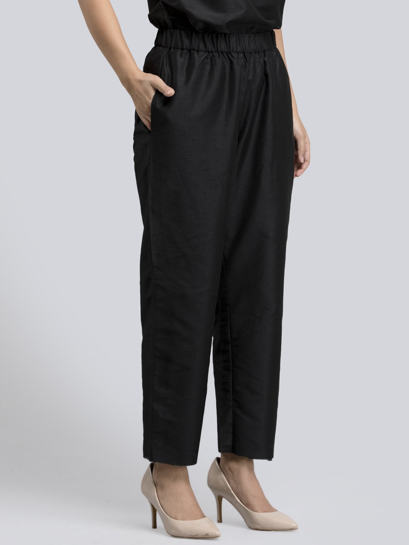 Cotton Silk Slip On Pants - Black