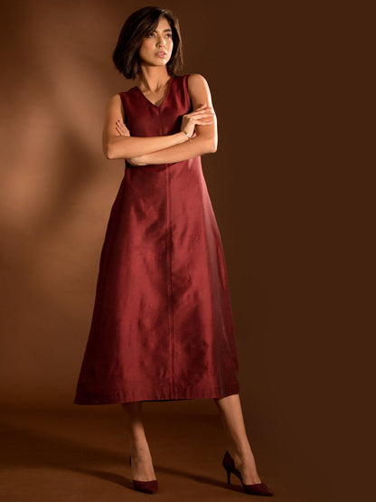 Cotton Silk V Neck Dress - Maroon