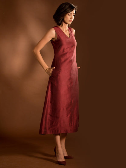 Cotton Silk V Neck Dress - Maroon