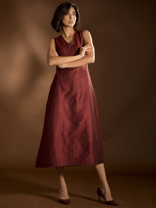 Cotton Silk V Neck Dress - Maroon