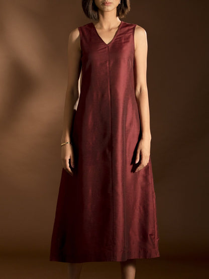 Cotton Silk V Neck Dress - Maroon