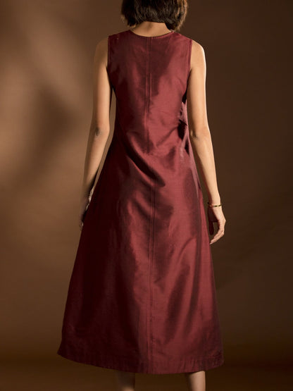 Cotton Silk V Neck Dress - Maroon