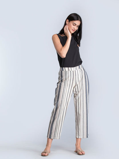 Cotton Striped Straight Fit Pants - Black and White