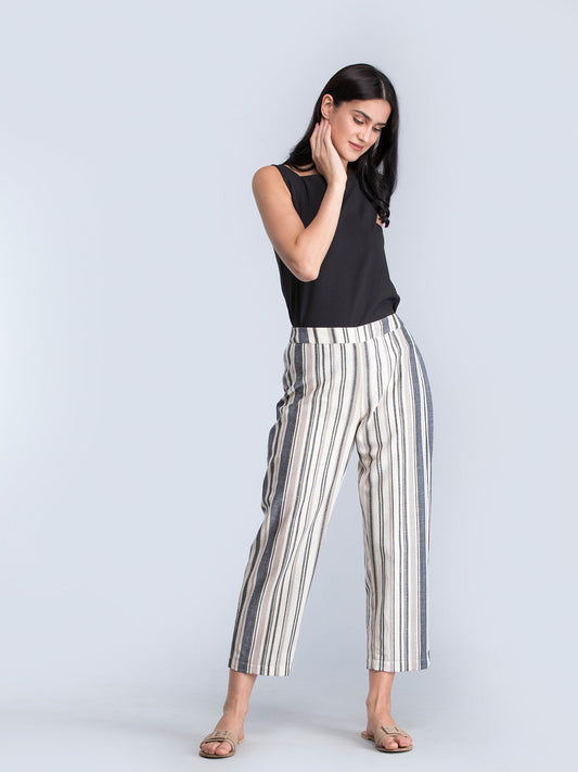 Cotton Striped Straight Fit Pants - Black and White
