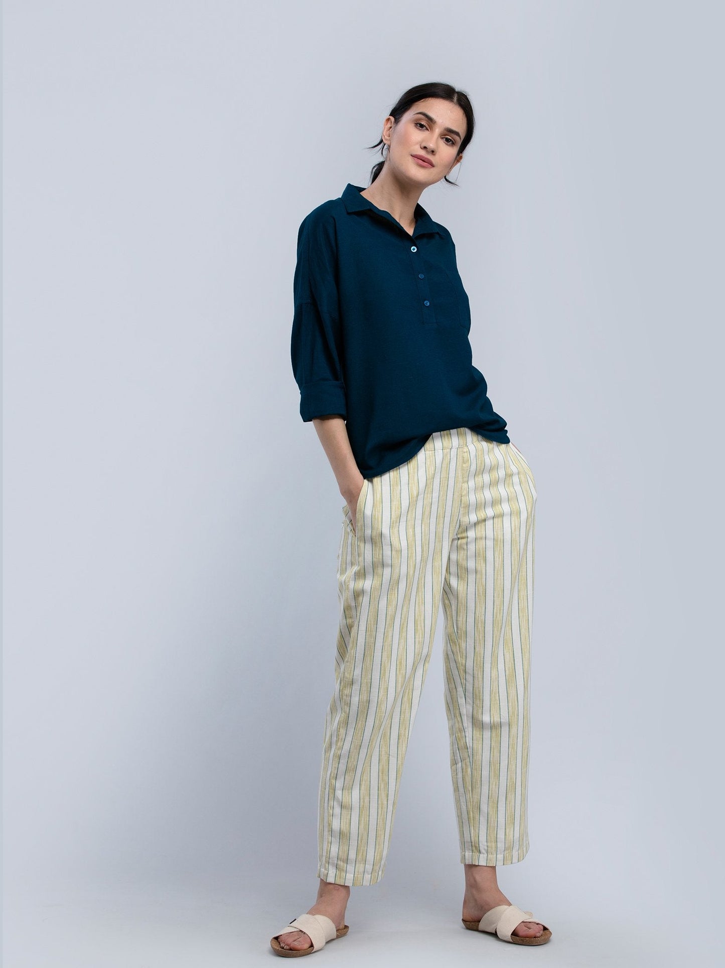 Cotton Striped Straight Fit Pants - Lime