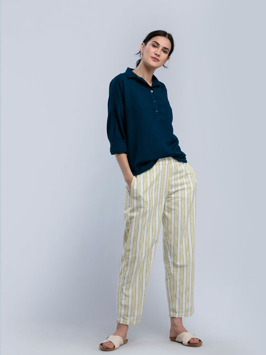 Cotton Striped Straight Fit Pants - Lime