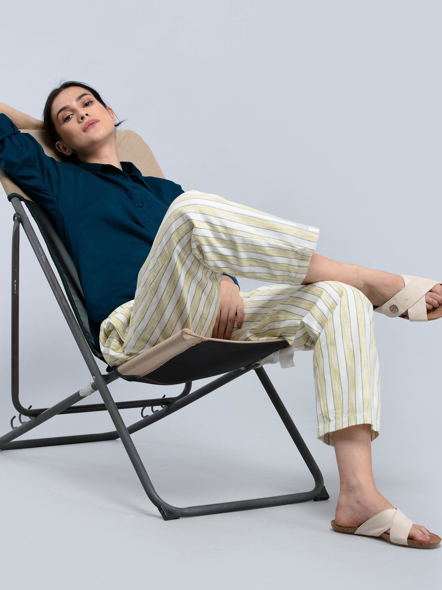 Cotton Striped Straight Fit Pants - Lime