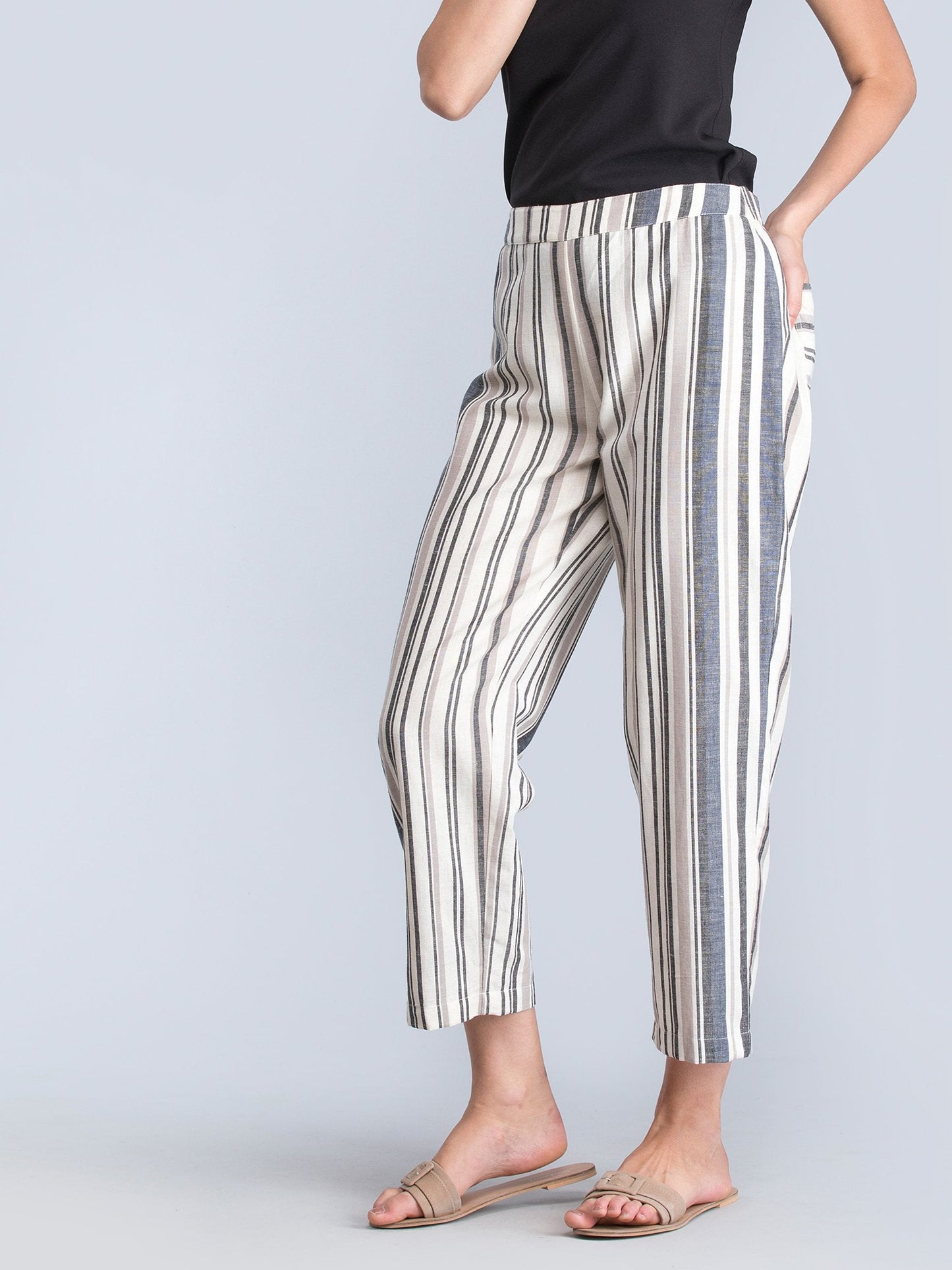 Cotton Striped Straight Fit Pants - Black and White