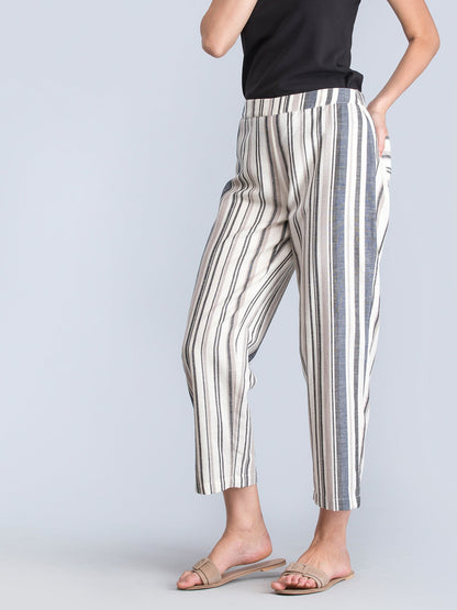 Cotton Striped Straight Fit Pants - Black and White