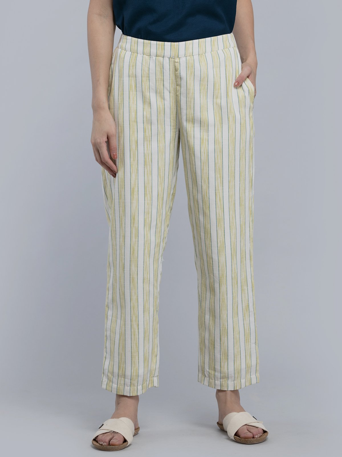 Cotton Striped Straight Fit Pants - Lime