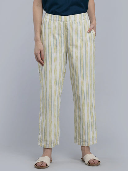 Cotton Striped Straight Fit Pants - Lime