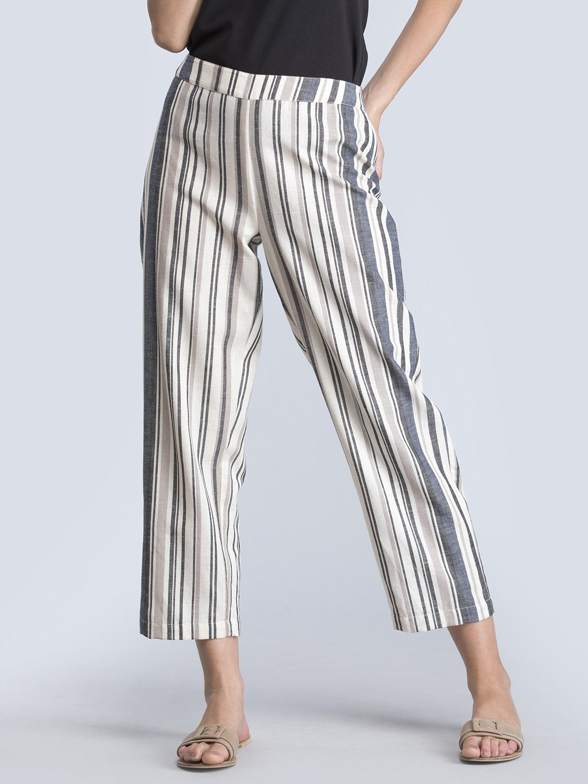 Cotton Striped Straight Fit Pants - Black and White