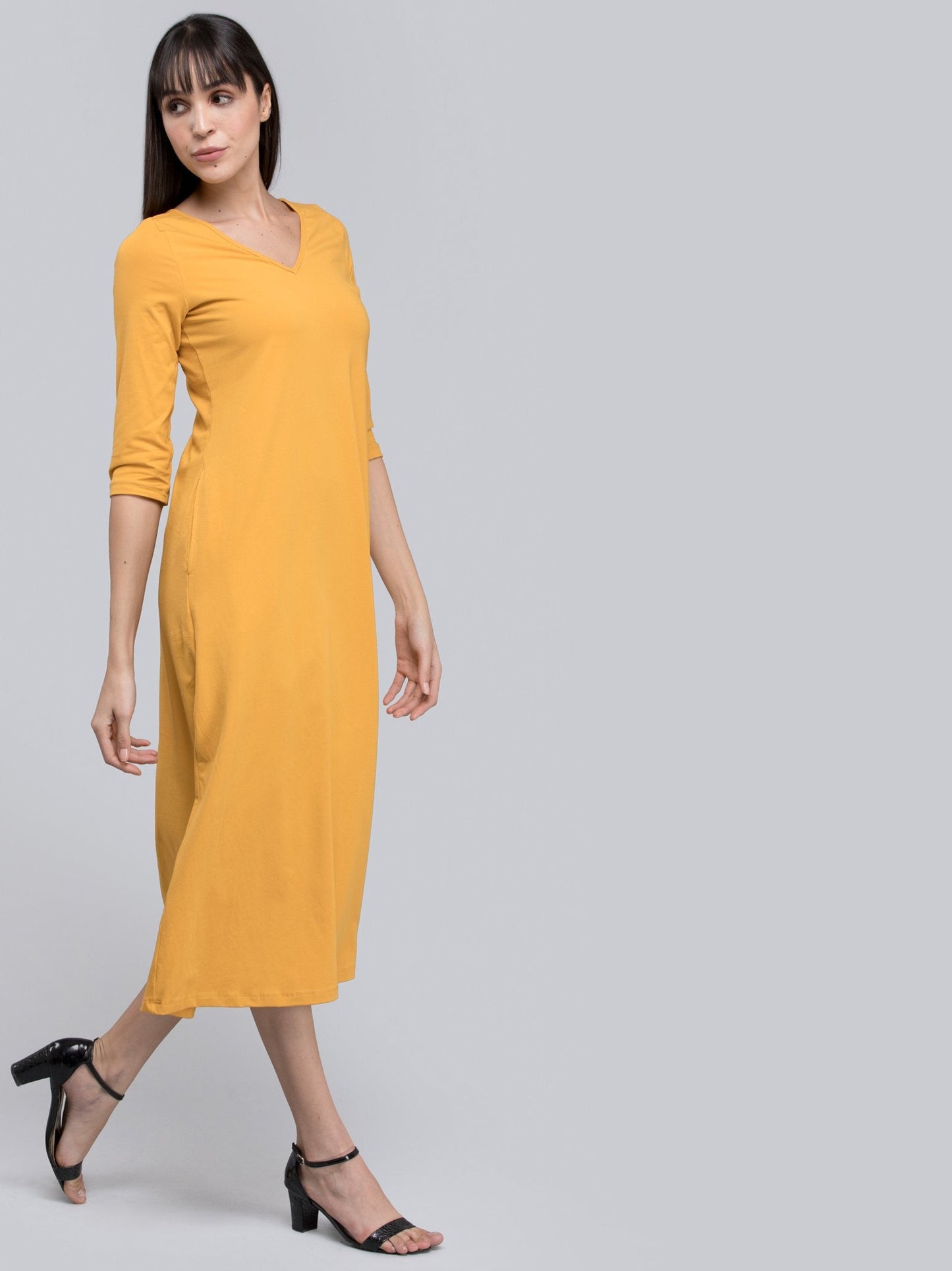 Cotton V Neck Knitted A Line Dress - Mustard