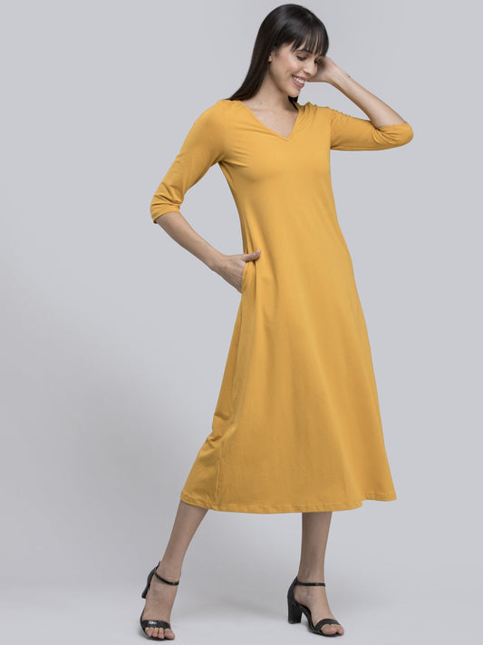 Cotton V Neck Knitted A Line Dress - Mustard