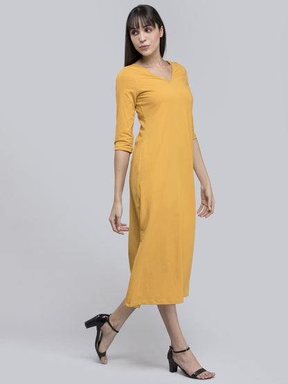 Cotton V Neck Knitted A Line Dress - Mustard