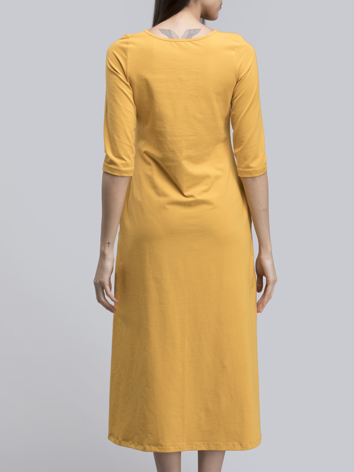 Cotton V Neck Knitted A Line Dress - Mustard