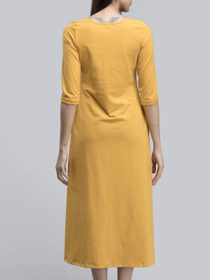 Cotton V Neck Knitted A Line Dress - Mustard