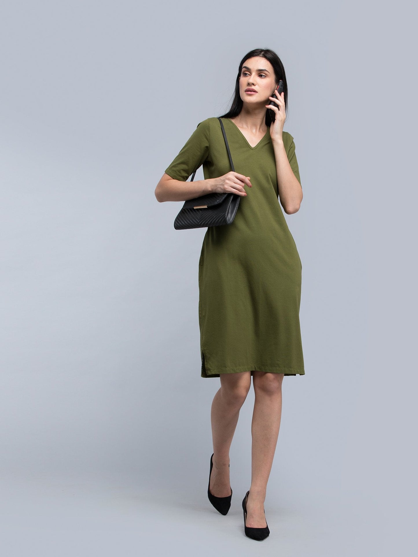 Cotton V Neck Knitted Shift Dress - Olive