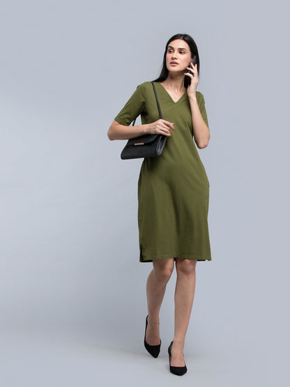Cotton V Neck Knitted Shift Dress - Olive
