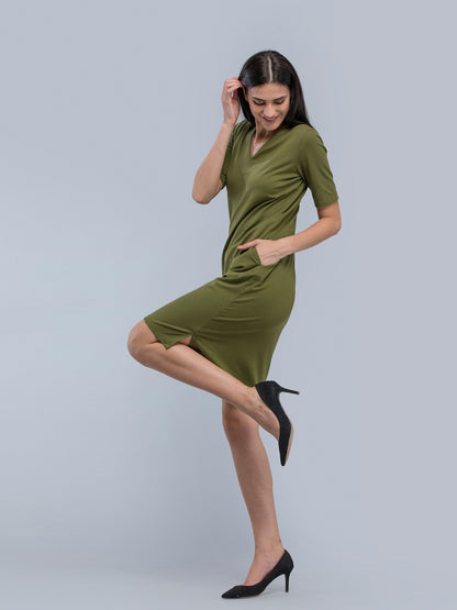 Cotton V Neck Knitted Shift Dress - Olive