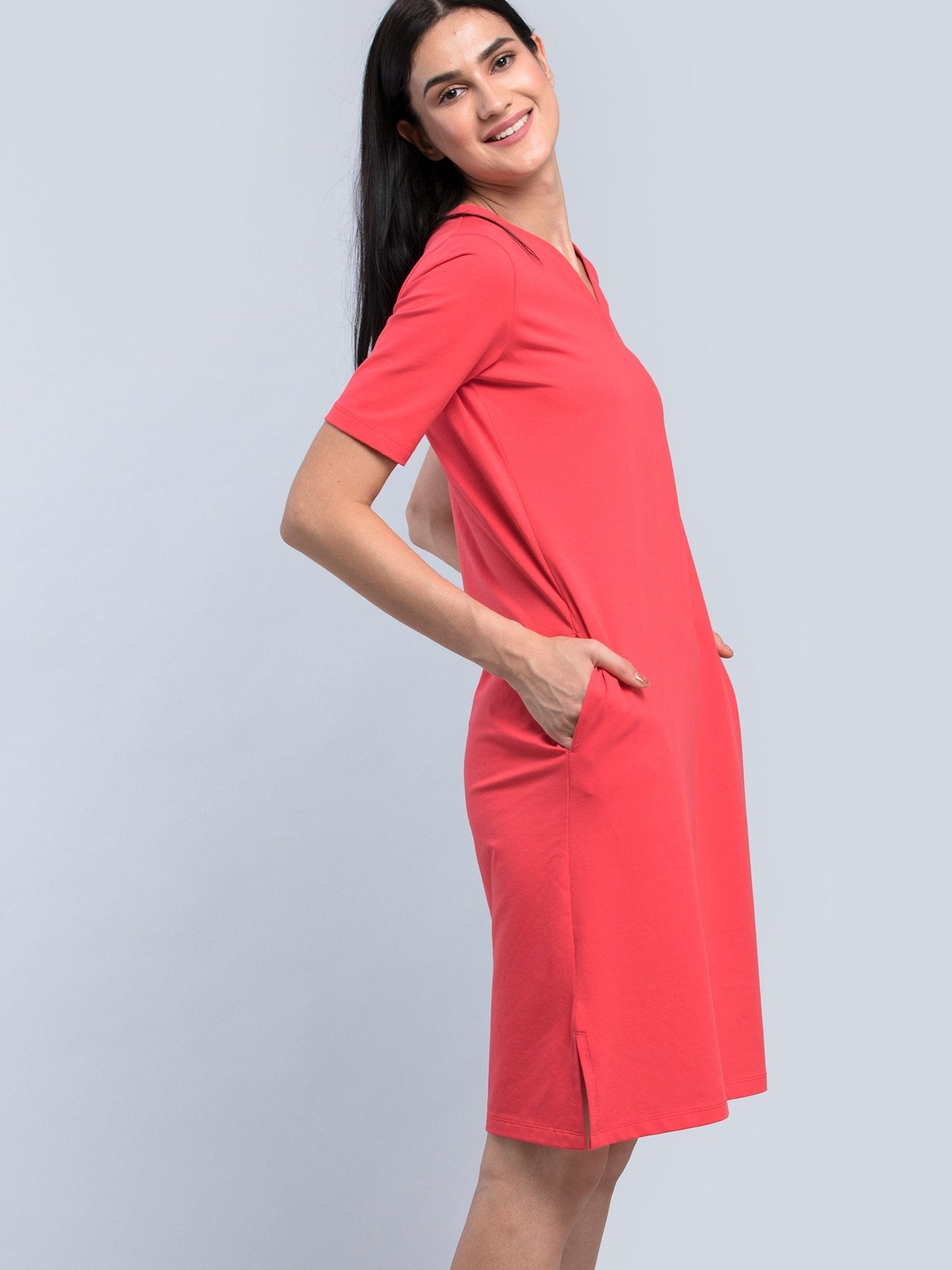 Cotton V Neck Knitted Shift Dress - Pink