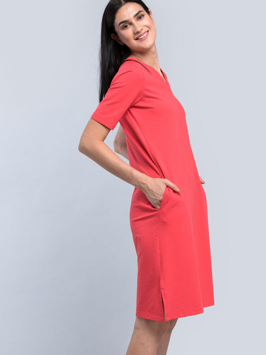 Cotton V Neck Knitted Shift Dress - Pink