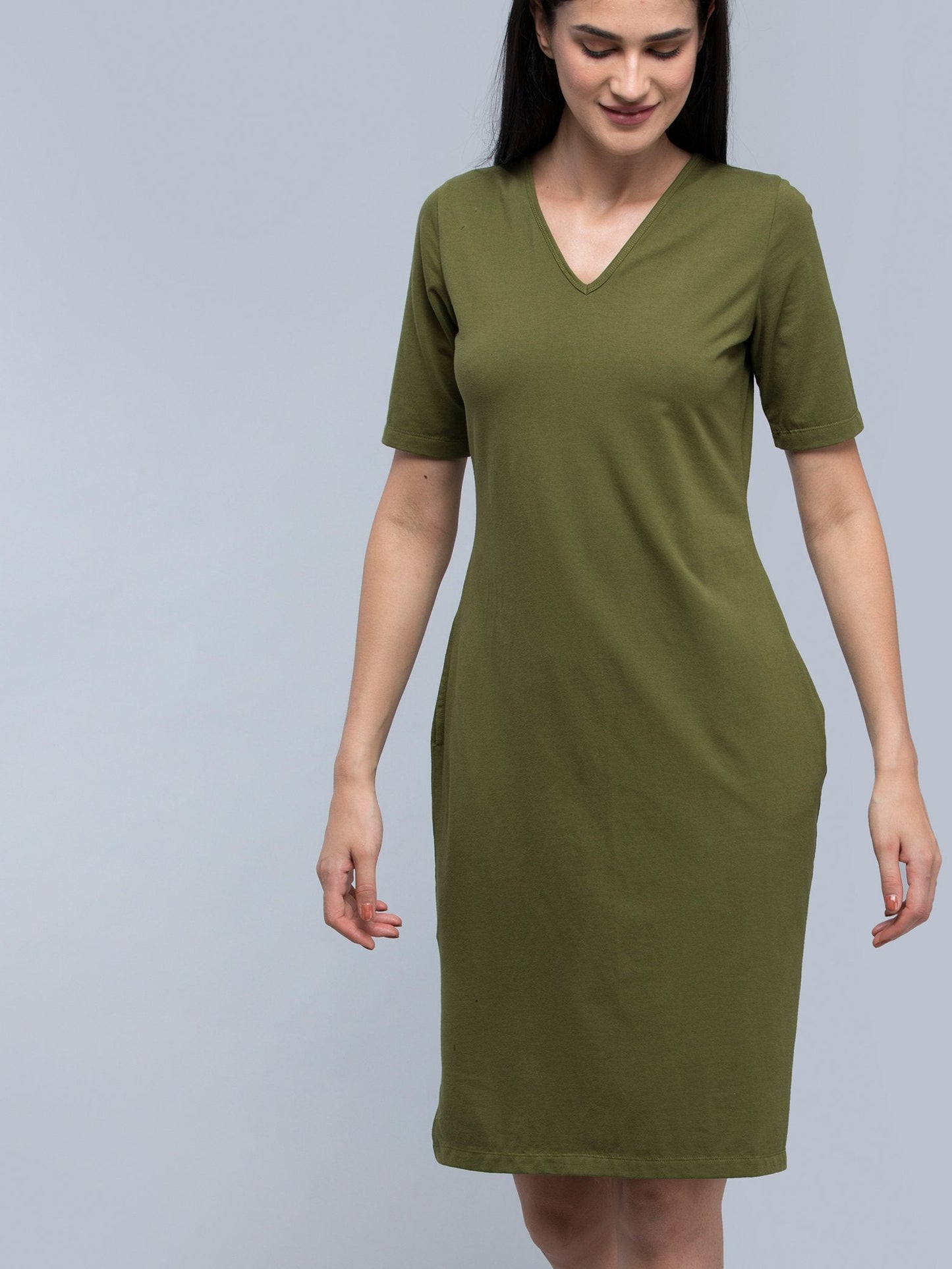 Cotton V Neck Knitted Shift Dress - Olive
