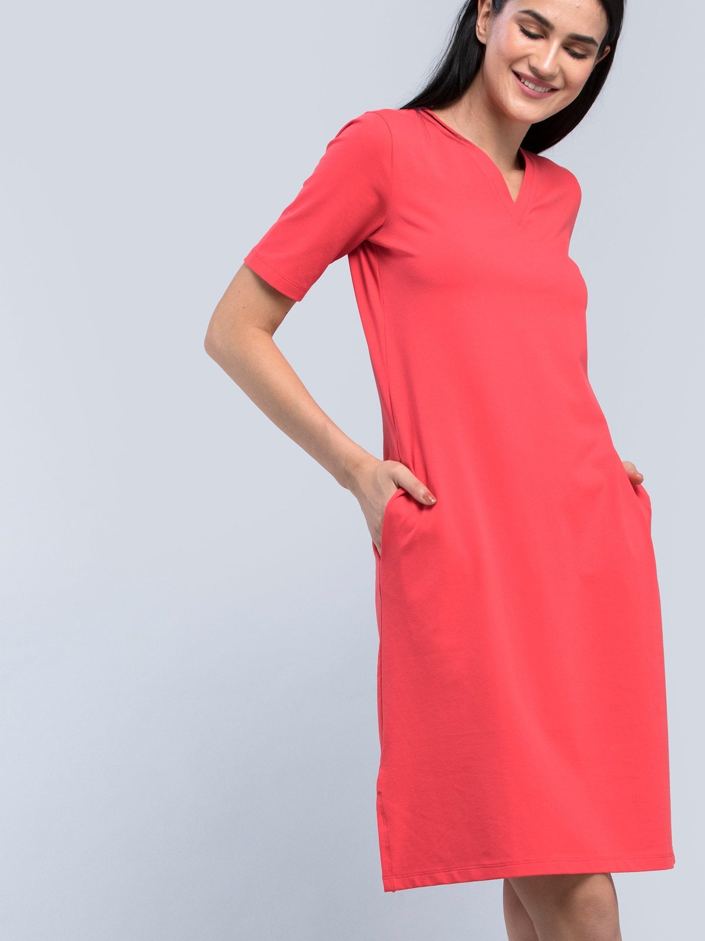 Cotton V Neck Knitted Shift Dress - Pink