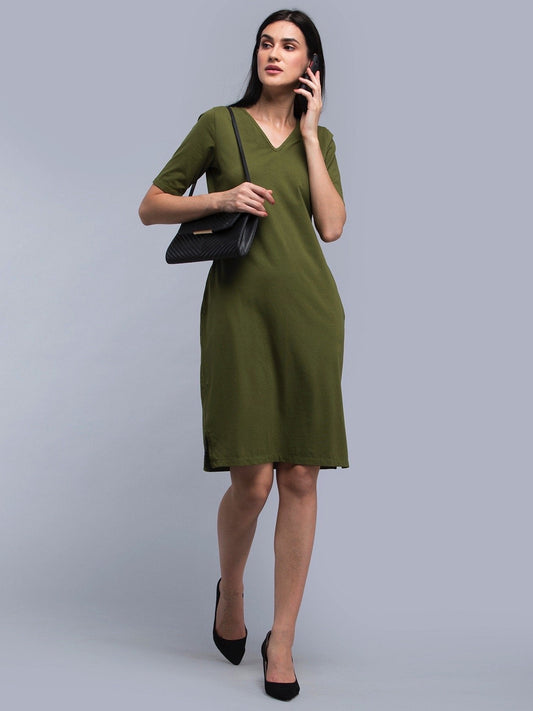 Cotton V Neck Knitted Shift Dress - Olive
