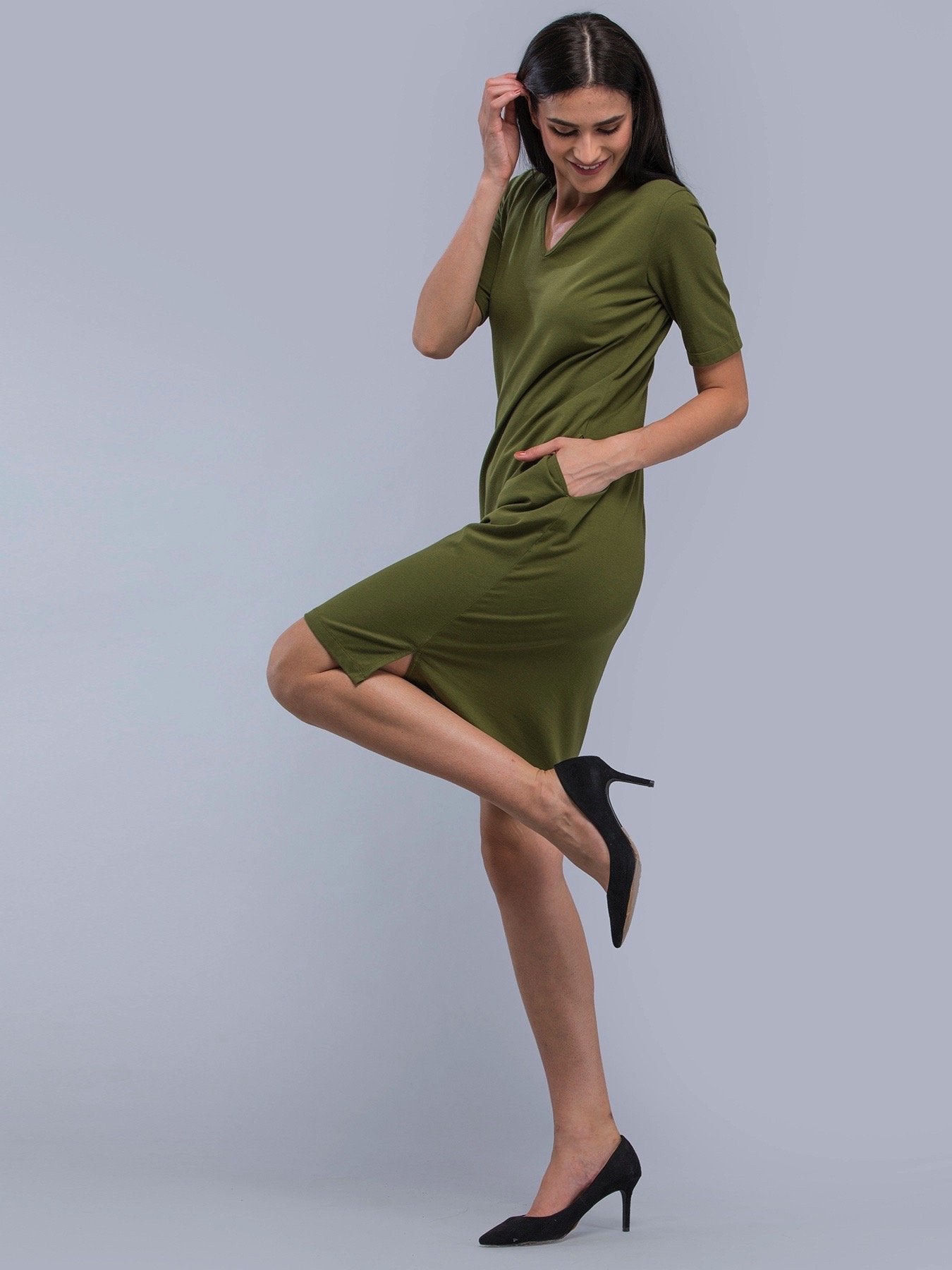 Cotton V Neck Knitted Shift Dress - Olive