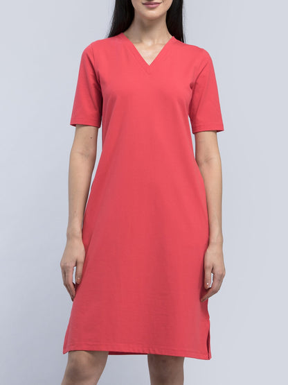 Cotton V Neck Knitted Shift Dress - Pink