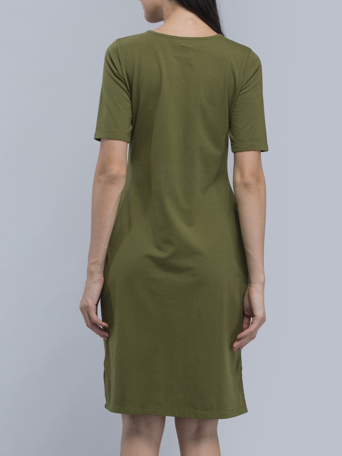 Cotton V Neck Knitted Shift Dress - Olive