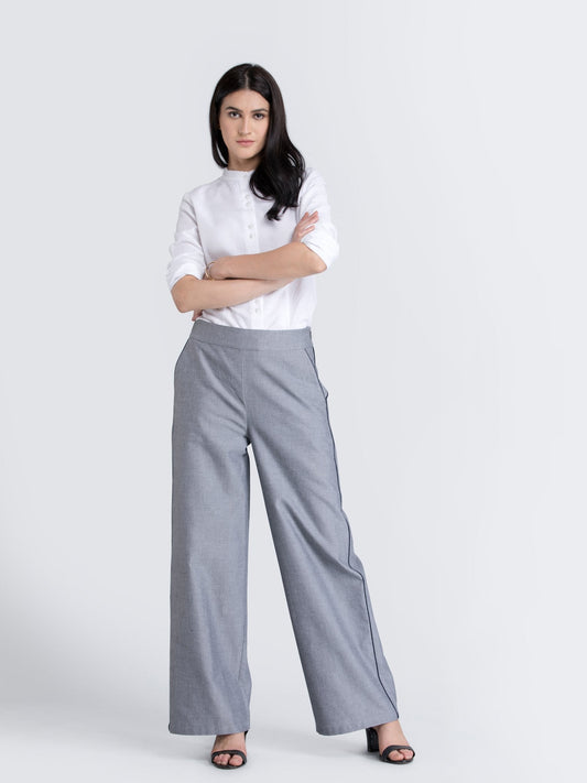 Cotton Wide Leg Pants With Piping Detail - Grey