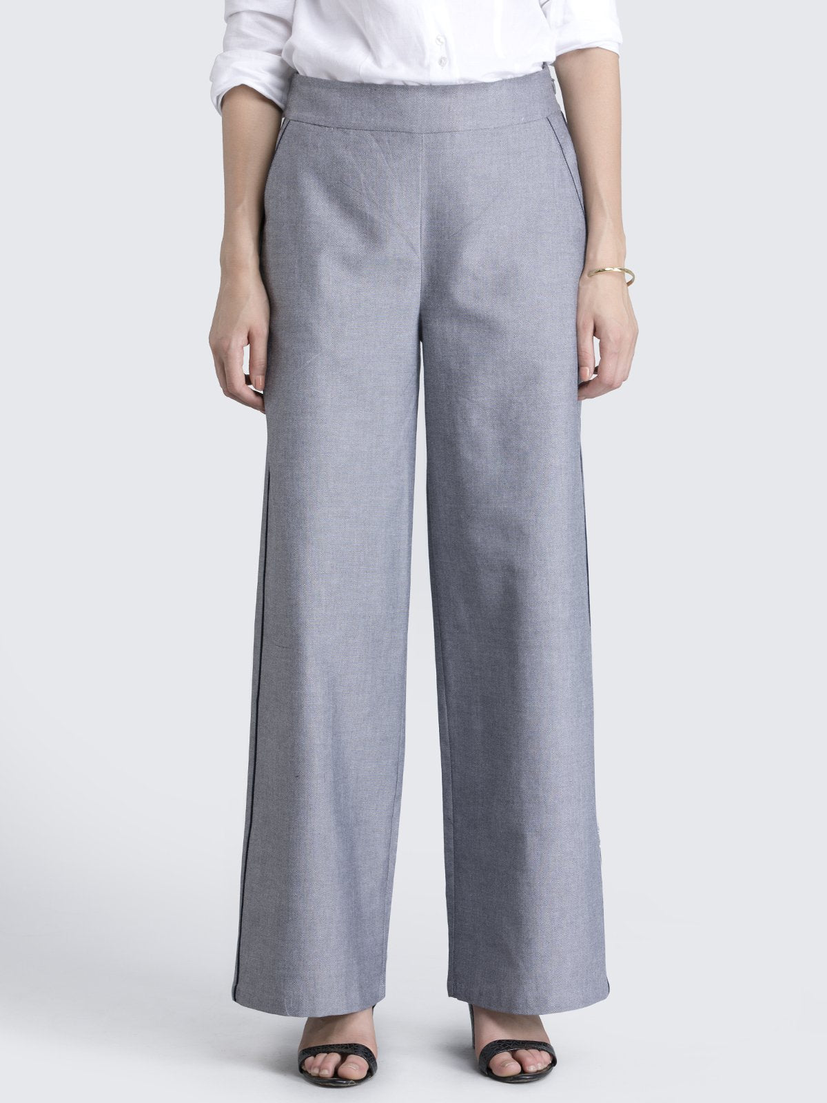 Cotton Wide Leg Pants With Piping Detail - Grey