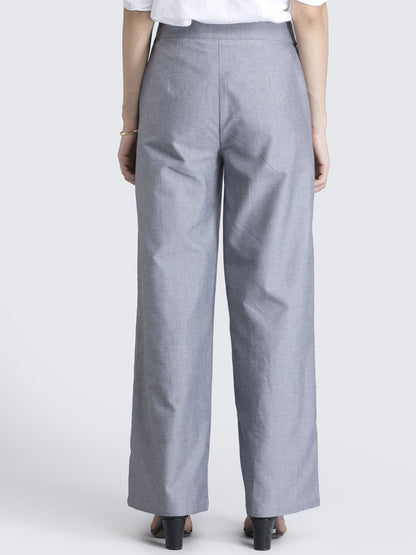 Cotton Wide Leg Pants With Piping Detail - Grey