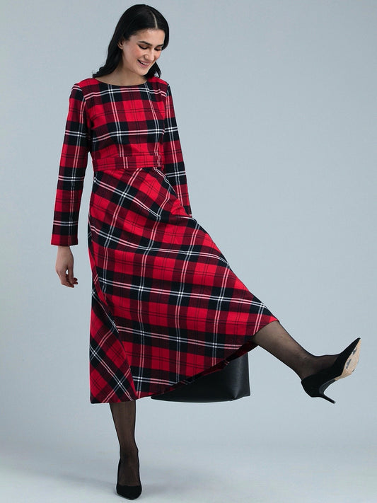 Cotton Wool Plaid Dress - Red and Black