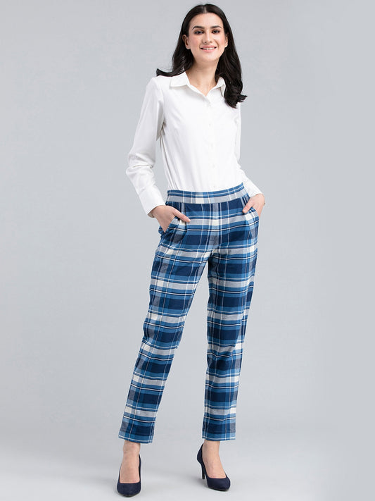 Cotton Wool Plaid Pants - Blue and White